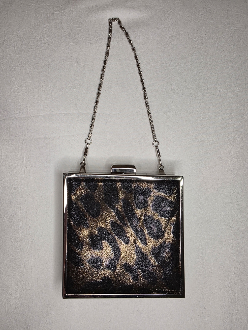 Nine West Y2K Leopard Print Box Clutch Evening Bag Silver Frame Chain Purse